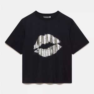 MINT VELVET Metallic Lips T-Shirt Black T-Shirt with Silver Lip Print Size XS